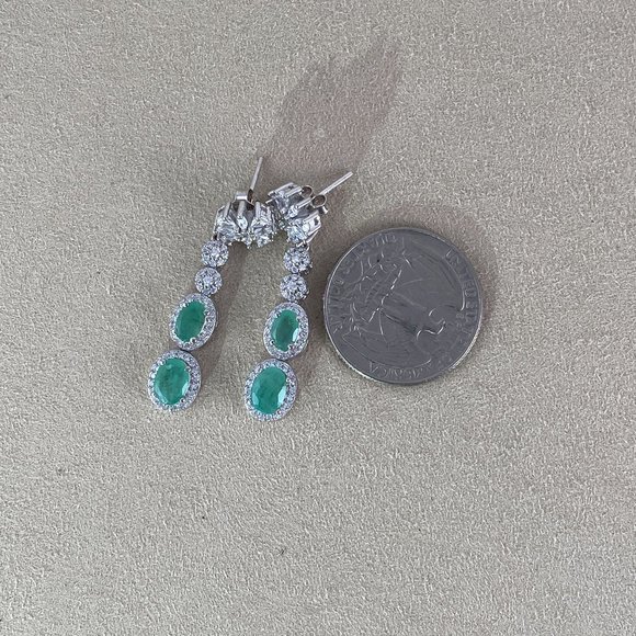 White Gold Plated 925 Sterling Silver Earrings Natural Unheated Green Emeralds - Picture 3 of 6
